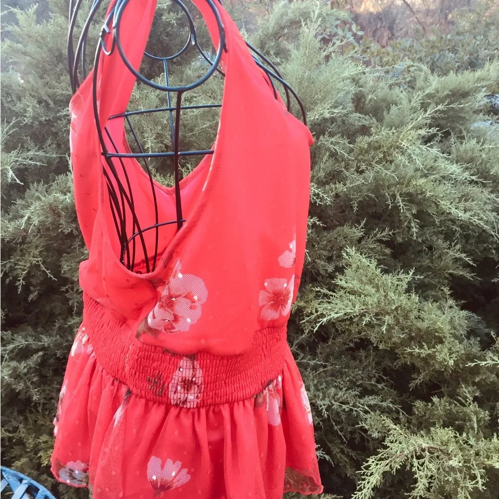 Willow Red Smocked  stretchy mesh lined Peplum Tank Top - Picture 9 of 13